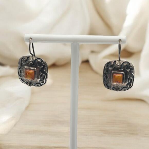 Vintage Silpada Natural Amber Southwestern Style Sterling Earrings - Picture 2 of 6